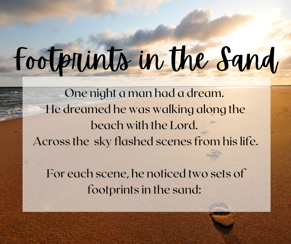 footprints in the sand, beginning of poem. Background is a beach with footprints.